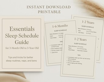 May include: Printable guide with sleep schedules for babies and toddlers from 3 months to 3 years old. The guide includes wake windows, nap times, and total sleep times. Tips for establishing consistent sleep routines are also included.