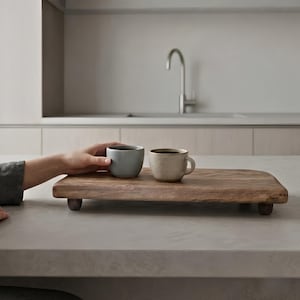 Może przedstawiać: Prostokątna drewniana deska do serwowania z czterema krótkimi nóżkami i naturalnym usłojeniem. Dwa ceramiczne kubki, jeden jasnoszary i jeden w kolorze nakrapianego beżu, stoją na powierzchni deski umieszczonej na płaskim podłożu.