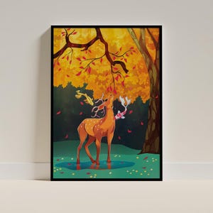Magical Woods - Goldene Version, Rehlein, Fine Art Poster, süße Tierkunst, magische Geschöpfe, Waldteich, Cottage Kern, gemütliche Naturkunst