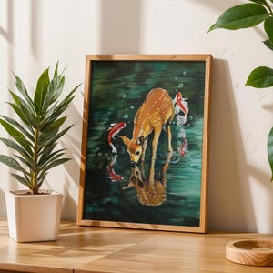 Stampa artistica di un grazioso cervo dipinto a olio su tela, stampa digitale, splendido poster di animali e natura, dipinto di Bambi per decorazione murale