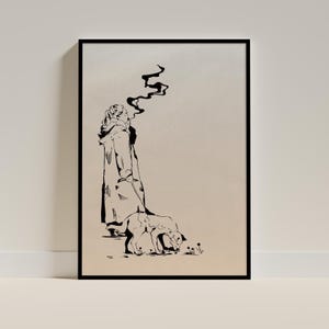 May include: Monochrome art print showing a person in a long coat smoking, walking a dog on a lead. The dog is sniffing the ground. The artwork is framed in a black border.