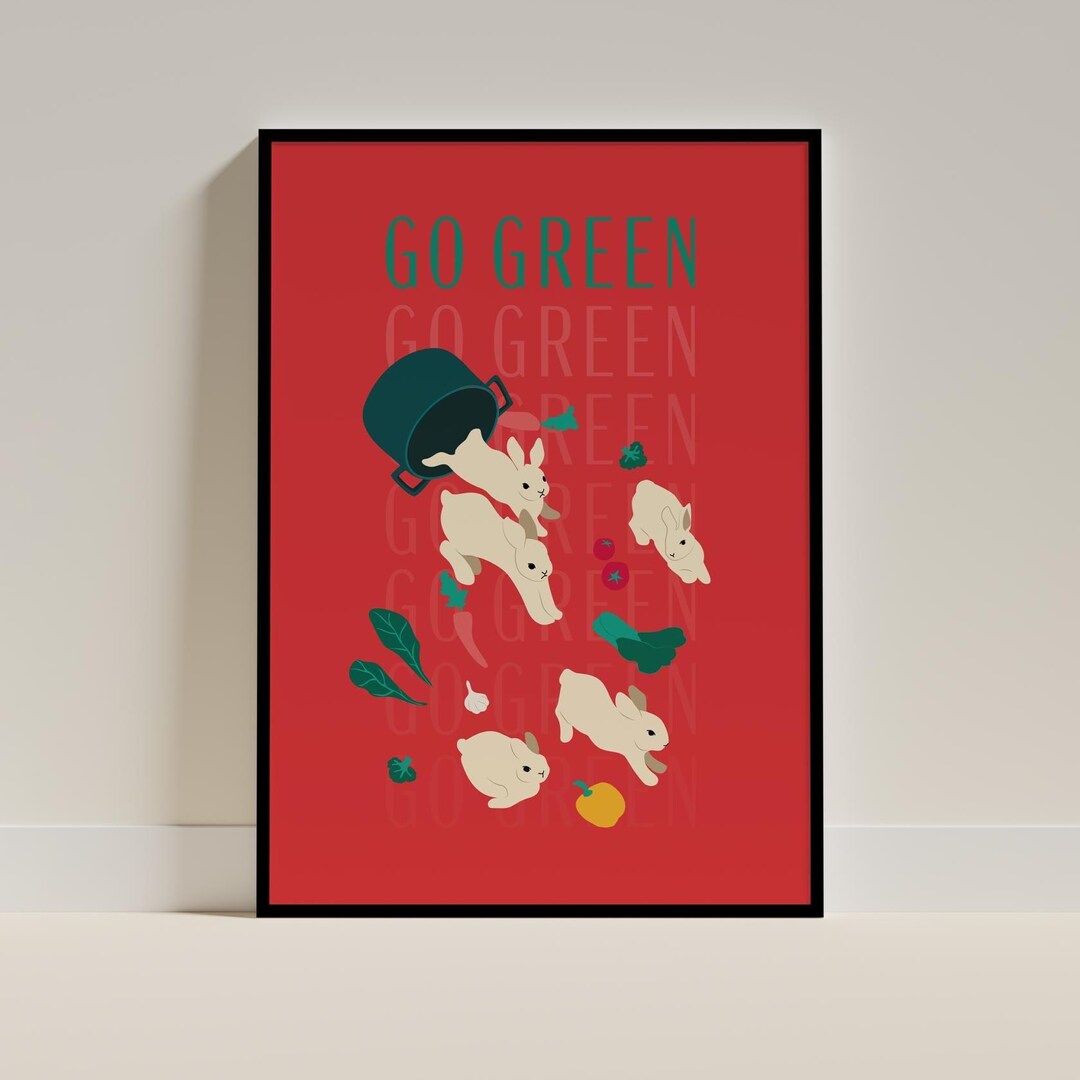 Go Green Vintage Vegan Rabbit Art Print: Minimalist Kitchen Decor - Etsy