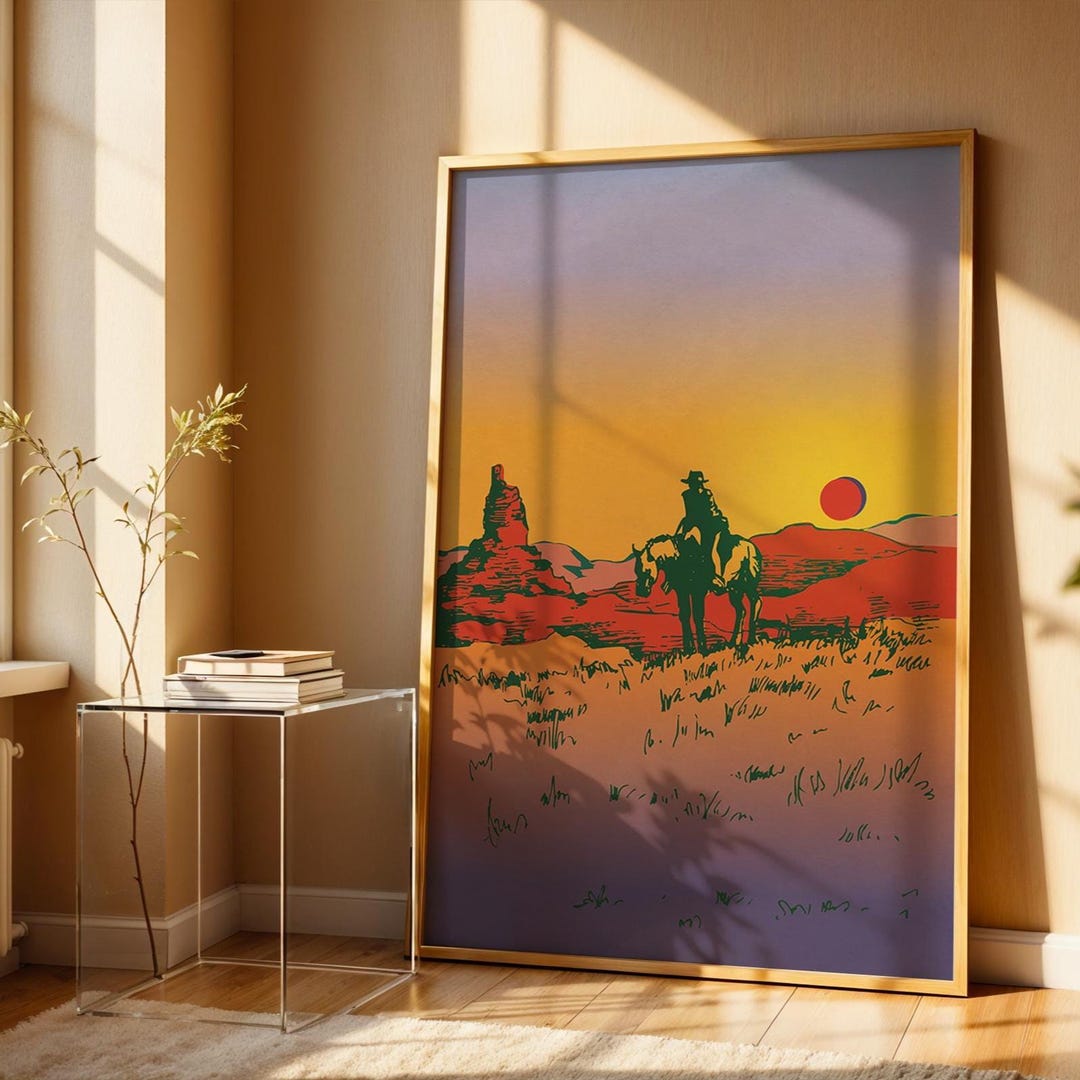 Vintage Wild West Cowboy Art Print Western Desert Sunset Horse - Etsy