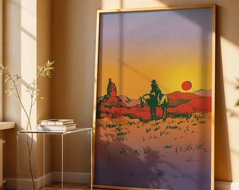 Vintage Wild West Cowboy Art Print Western Desert Sunset Horse