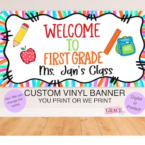 Back to School Classroom Banner • Hand-Painted Look• Custom Name & Grade - Banner for Classroom- Teacher Classroom Banner