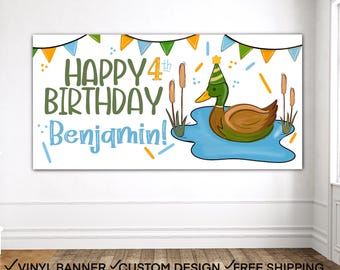 Duck Birthday Banner, One Lucky Duck Party Sign, Mallard 1st Birthday Decor, Hunter Theme Banner for Boys, Custom Vinyl Backdrop