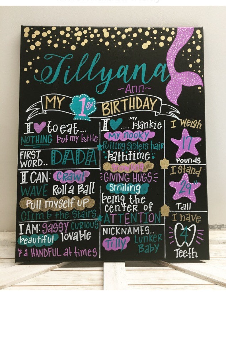 Birthday Sign Birthday Board First birthday mermaid chalkboard sign HAND-PAINTED Birthday Chalkboard Sign