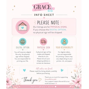 Op de afbeelding: Een informatieblad van Grace and Glory 66, met details over digitale en fysieke bordopties. Het bevat een opmerking over digitale opties en klantverantwoordelijkheden. Het blad is versierd met bloemen- en hartaccenten.