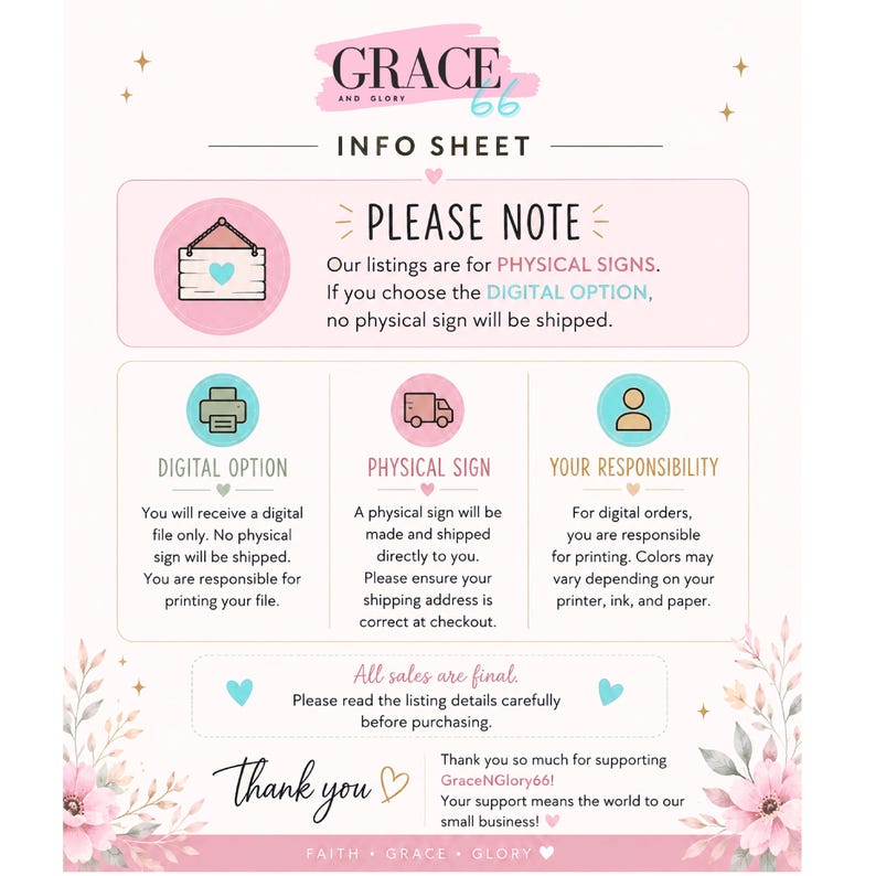 Op de afbeelding: Een informatieblad van Grace and Glory 66, met details over digitale en fysieke bordopties. Het bevat een opmerking over digitale opties en klantverantwoordelijkheden. Het blad is versierd met bloemen- en hartaccenten.