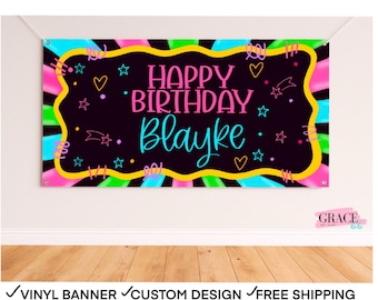 Neon Theme Birthday Banner | Personalized Birthday Banner | Neon Theme Party | Party Decorations