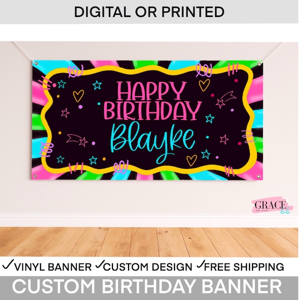 Pancarta de cumpleaños con temática neón / Pancarta de cumpleaños personalizada / Fiesta temática neón / Decoraciones para fiestas