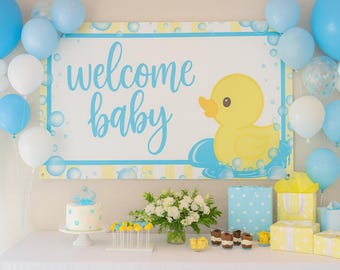 Yellow Rubber Duck Baby Shower Banner | Rubber Ducky Party Backdrop | Boy Baby Shower Decor | Custom Name Banner