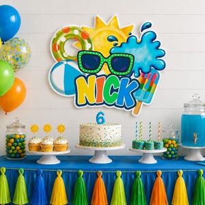 Op de afbeelding: Een feestelijke verjaardagspartij met kleurrijke ballonnen, een taart en versieringen. Het middelpunt is een bord met een zonnebril, een zon en de naam "Nick". De tafel is versierd met lekkernijen, een taart en een blauw tafelkleed met kleurrijke kwasten.