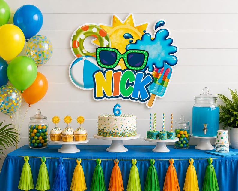 Op de afbeelding: Een feestelijke verjaardagspartij met kleurrijke ballonnen, een taart en versieringen. Het middelpunt is een bord met een zonnebril, een zon en de naam "Nick". De tafel is versierd met lekkernijen, een taart en een blauw tafelkleed met kleurrijke kwasten.
