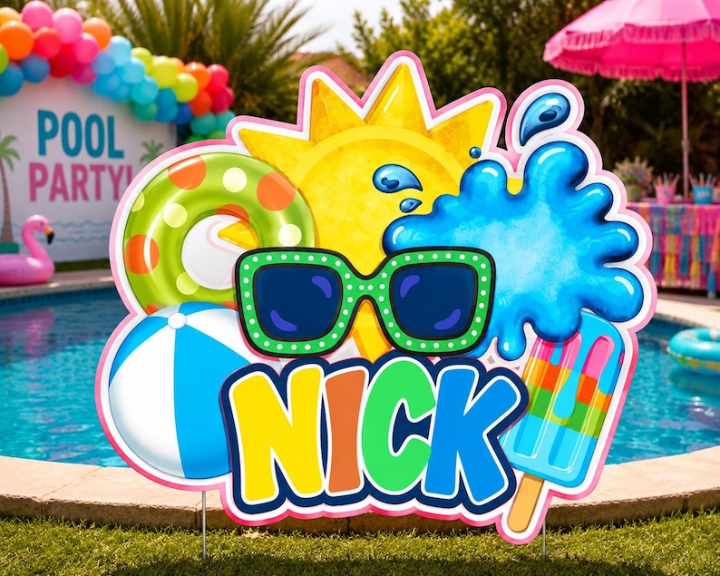 Op de afbeelding: Een kleurrijk zwembadfeestbord met een zon, zonnebril, waterspetter, strandbal, ijslolly en zwemband. Het bord toont de naam "NICK" in heldere kleuren. De achtergrond toont een zwembad en een "POOL PARTY" bord.