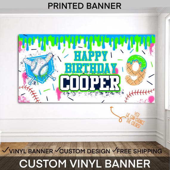Drippy Baseball Birthday Banner • Ice Cream Baseball Party Backdrop • Custom Name Sign • Vinyl or Digital File • Boys Party Decor