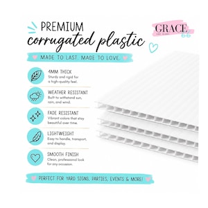 Op de afbeelding: Witte golfplastic platen met de tekst "PREMIUM corrugated plastic". De tekst vermeldt ook dat het plastic 4 mm dik is, weer- en kleurbestendig, lichtgewicht en een gladde afwerking heeft. De tekst zegt ook "PERFECT FOR YARD SIGNS, PARTIES, EVENTS & MORE!"