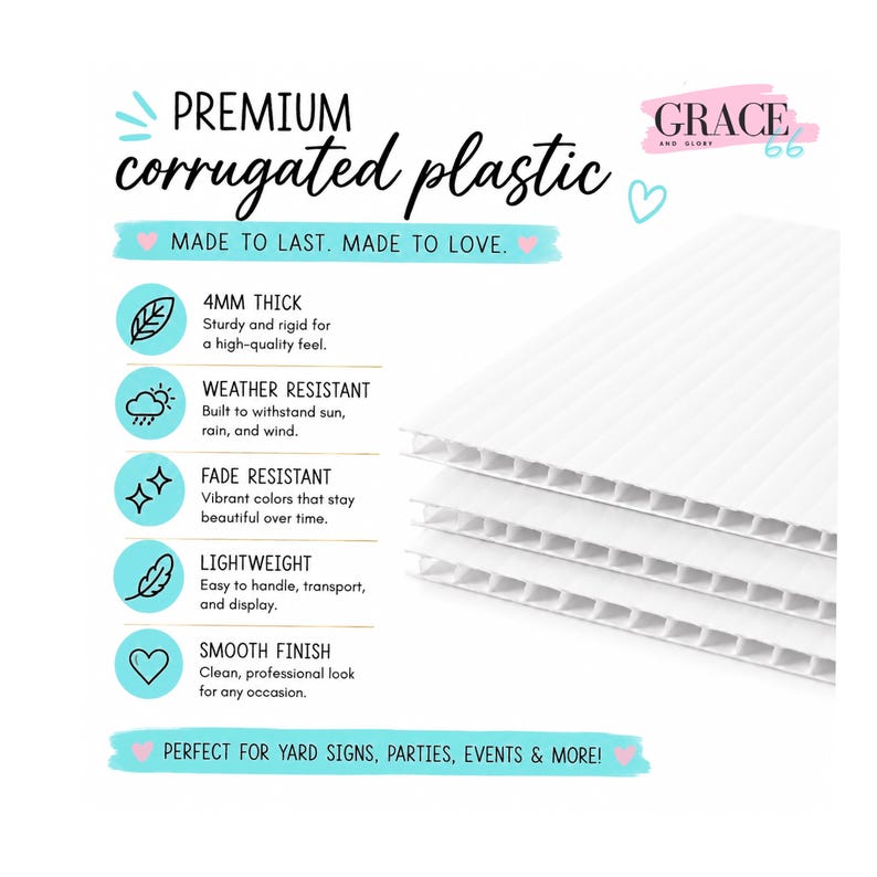 Op de afbeelding: Witte golfplastic platen met de tekst "PREMIUM corrugated plastic". De tekst vermeldt ook dat het plastic 4 mm dik is, weer- en kleurbestendig, lichtgewicht en een gladde afwerking heeft. De tekst zegt ook "PERFECT FOR YARD SIGNS, PARTIES, EVENTS & MORE!"