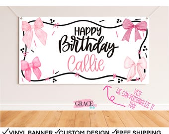 Pink Bow Birthday Banner Party Custom Banner, Girl 1st Birthday, Customizable Party Backdrop, Bow birthday decor