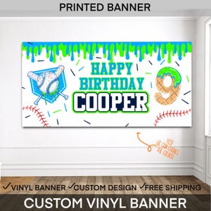 May include: A rectangular white vinyl banner featuring a green slime drip border at the top. The text reads HAPPY BIRTHDAY COOPER. Graphics include a baseball on crossed bats over a blue home plate, a waffle-textured number 9, and red stitching.