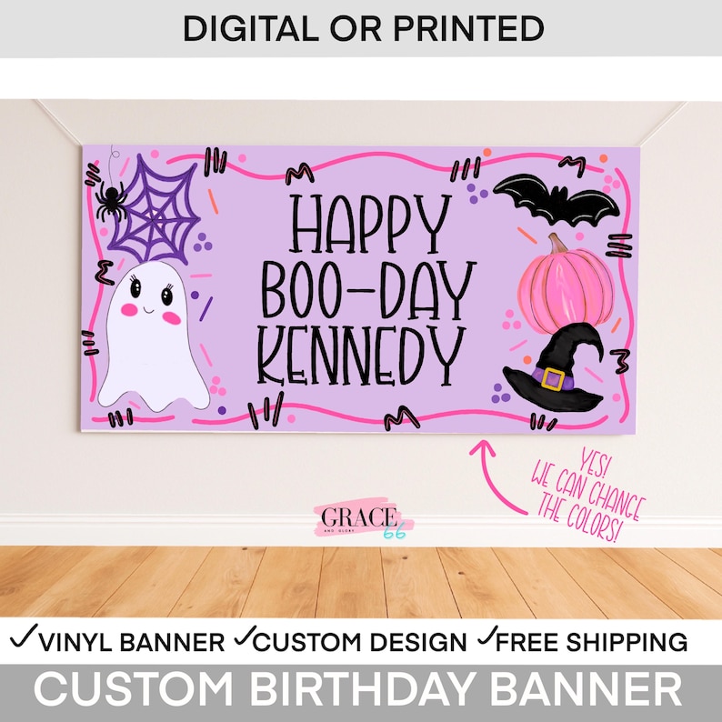 May include: A custom birthday banner with a purple background and Halloween-themed illustrations. The banner reads "Happy Boo-Day Kennedy" with a ghost, spiderweb, bat, pumpkin, and witch hat. The banner is made of vinyl.