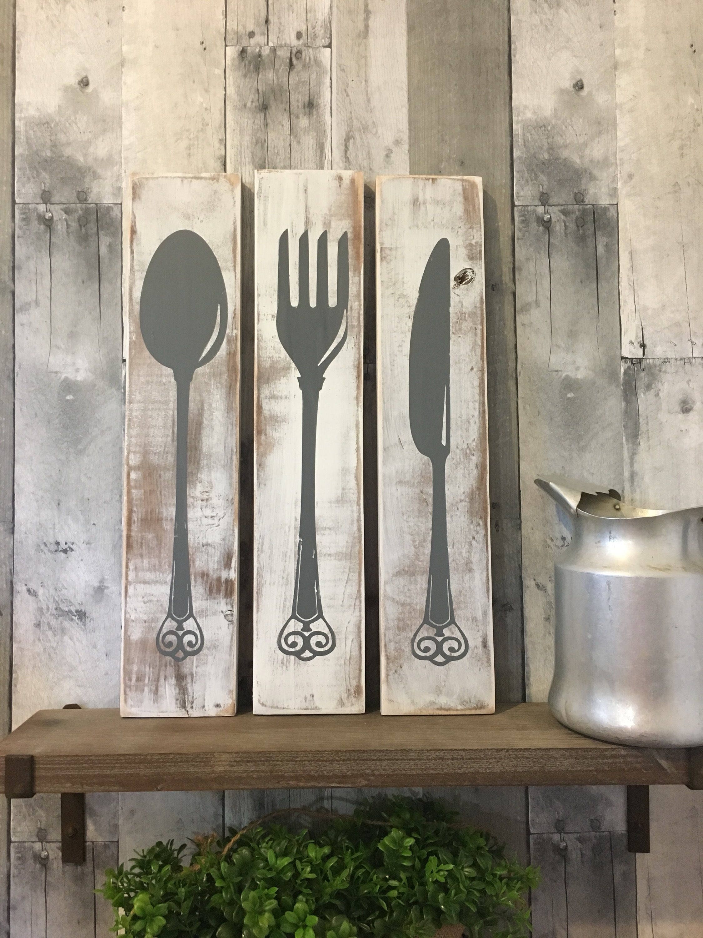 Farmhouse Kitchen Decor, Silverware Sign, Fork Knife Spoon, Wood, Kit…