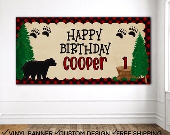 Lumberjack Birthday Banner, Bear Banner, Lumberjack Party Backdrop, Lumberjack Theme, Bear Party Banner, Lumberjack plaid party decor