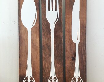 Farmhouse Kitchen Decor, Silverware Sign, Fork Knife Spoon, Wood, Kitchen Art, Rustic Kitchen, Rustic Wood Signs