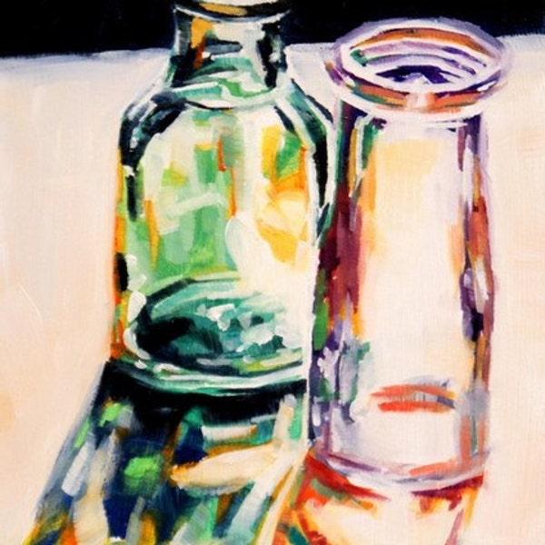 small still life oil painting original fine art 5 x 7 glowing sunlit green and clear glass bottles