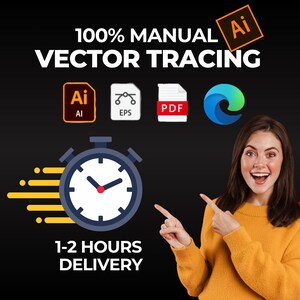 Puede incluir: Una mujer sonríe y señala un cronómetro con un diseño amarillo y rojo. El texto "1-2 HOURS DELIVERY" está debajo del cronómetro. El texto "100% MANUAL VECTOR TRACING" está en la parte superior de la imagen. El texto "Ai" está en un cuadro rojo en la parte superior derecha de la imagen. El texto "Ai", "EPS" y "PDF" están en cuadros debajo del texto "VECTOR TRACING".