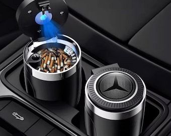 車用灰皿 メルセデス カップホルダー用 - LEDライト付きカスタムベンツロゴ灰皿 - メルセデスベンツモデルにユニバーサルフィット