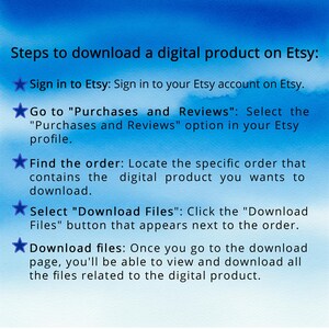 K&ouml;nnte beinhalten: Blauer Aquarellhintergrund mit Text, der die Schritte zum Herunterladen eines digitalen Produkts auf Etsy beschreibt. Anweisungen umfassen das Anmelden, Aufrufen von K&auml;ufen, Suchen der Bestellung, Ausw&auml;hlen von Download-Dateien und Herunterladen.