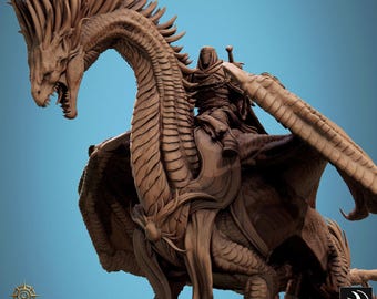 Miniatura di Dragon Watcher — Drago dalla coda lunga stampato in 3D in resina con cavaliere, scegli la posa, non dipinto o dipinto, per D&D e giochi di ruolo da tavolo