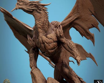 Miniatura Drago Blu — Drago del deserto in resina stampato in 3D su guglia rocciosa, base da 75 mm, non dipinto o dipinto, miniatura per D&D e giochi di ruolo da tavolo