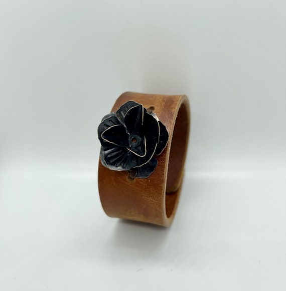 Brown Leather Bracelet with Metal Rose, Handmade Leather Bracelet, Leather Bracelets for Women, Leather Cuff, Leather Cuff Bracelet