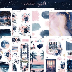 May include: A collection of watercolor stickers and decorative papers with a summer night theme. The designs feature floral arrangements, cityscapes, and beach scenes in shades of blue, pink, and gold. The words "summer nights" are written at the top.