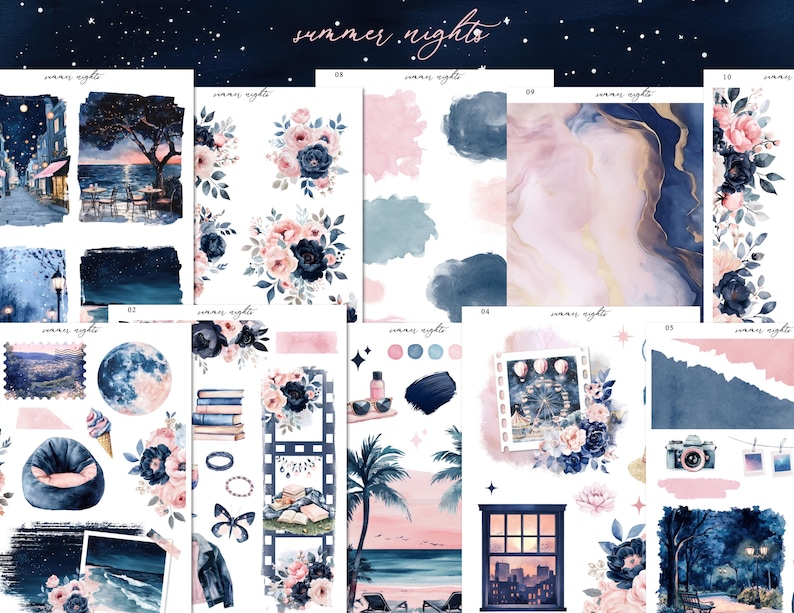 May include: A collection of watercolor stickers and decorative papers with a summer night theme. The designs feature floral arrangements, cityscapes, and beach scenes in shades of blue, pink, and gold. The words "summer nights" are written at the top.