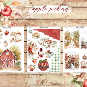 May include: Watercolor illustrations with an autumn theme, featuring apples, a red barn, a vintage truck, and a cozy cottage. The text "apple picking" is displayed in elegant script, with additional text that reads "Apples Pick Your Own Fresh Cider".