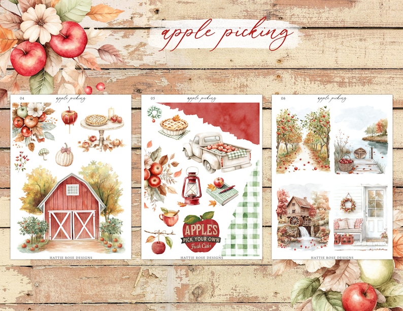 May include: Watercolor illustrations with an autumn theme, featuring apples, a red barn, a vintage truck, and a cozy cottage. The text "apple picking" is displayed in elegant script, with additional text that reads "Apples Pick Your Own Fresh Cider".