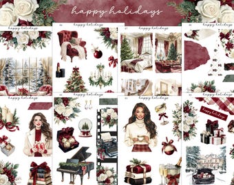 May include: A collage of holiday-themed illustrations with the text "happy holidays." The images include a decorated Christmas tree, a cozy living room scene, gifts, and a woman holding a present. The color palette features burgundy, white, and green.