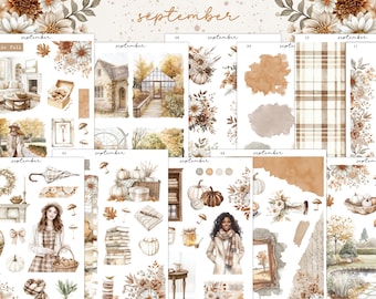 May include: A collection of decorative stickers and paper sheets with a fall theme. The designs include illustrations of pumpkins, flowers, houses, and people. The color palette is warm, featuring shades of brown, beige, and orange, with the word "September" written at the top.