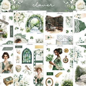 May include: A collage of watercolor illustrations featuring a clover theme. The images include a stone cottage, an arched garden entrance, a library, and portraits of women. Decorative elements include white roses, butterflies, and shamrocks.