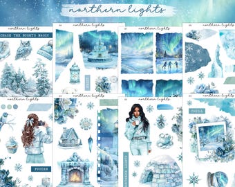 Kit met decoratieve miniplannerstickers noorderlicht | Journalen | Bulletjournaal | Dagboekstickers | Plannerstickers | Winterstickers |