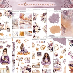 May include: A set of watercolour stickers and decorative papers with an autumnal theme. The designs include illustrations of landscapes, floral arrangements, and figures, with the text "autumn reverie". The colour palette features shades of purple, brown, and orange.