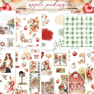 May include: A collection of watercolor illustrations with an "apple picking" theme. The images include apples, barns, people, and decorative elements. The color palette features reds, greens, and autumnal tones, perfect for fall-themed crafts and designs.