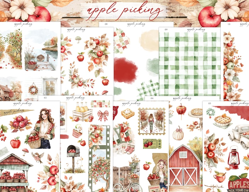 May include: A collection of watercolor illustrations with an "apple picking" theme. The images include apples, barns, people, and decorative elements. The color palette features reds, greens, and autumnal tones, perfect for fall-themed crafts and designs.