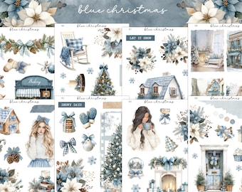 May include: A collection of watercolor illustrations with a blue Christmas theme. The images include a bakery, a rocking chair, a Christmas tree, a house, and a woman holding a mug. The text "blue christmas" and "LET IT SNOW" are visible.