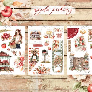 May include: Watercolor illustrations of apple picking scenes. The image features three sheets with various elements, including people, apples, baskets, and a house. The text "apple picking" is written in cursive. The overall theme is autumn and harvest.