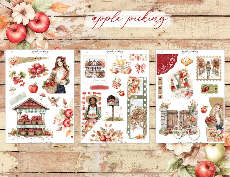 May include: Watercolor illustrations of apple picking scenes. The image features three sheets with various elements, including people, apples, baskets, and a house. The text "apple picking" is written in cursive. The overall theme is autumn and harvest.