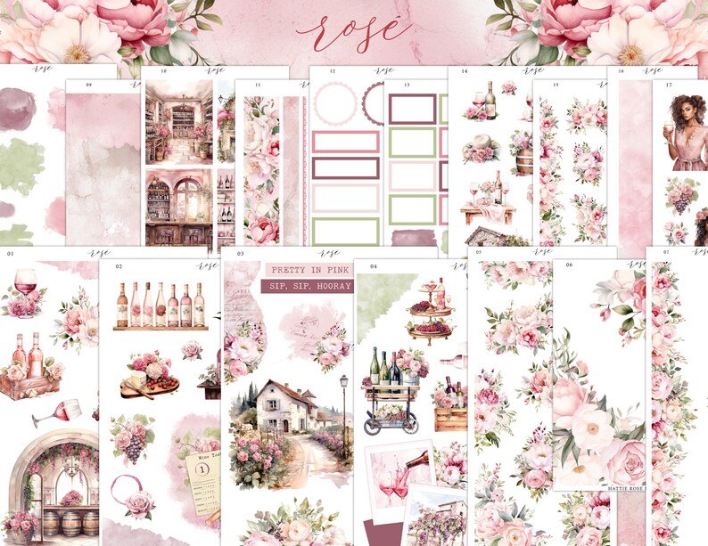 Rosé Wine Planner Sticker Kit | Floral Journal Stickers | Freestyle - Etsy